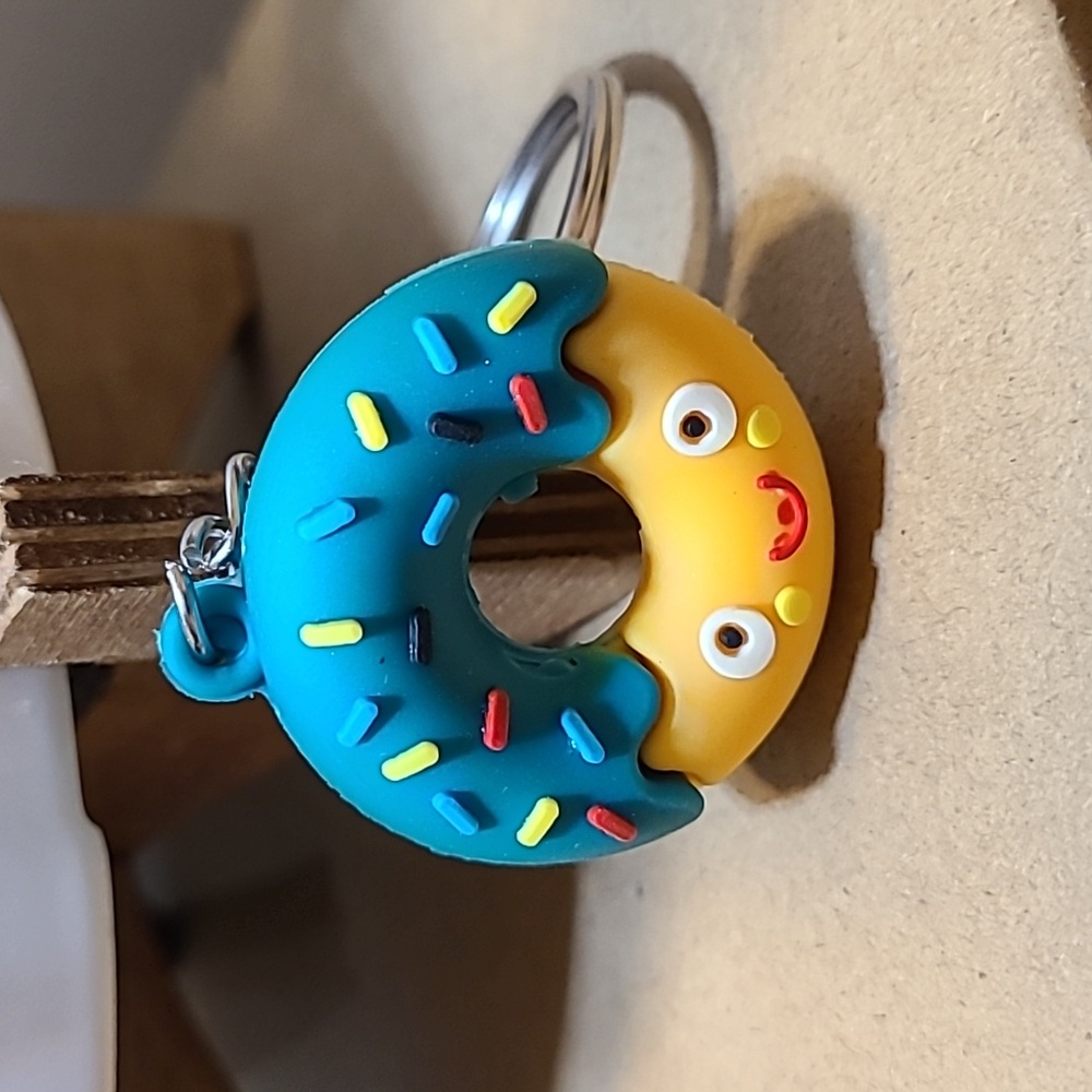 Cute Donut Keychain with Face, Teal Icing and Sprinkles, Fun Food Accessory